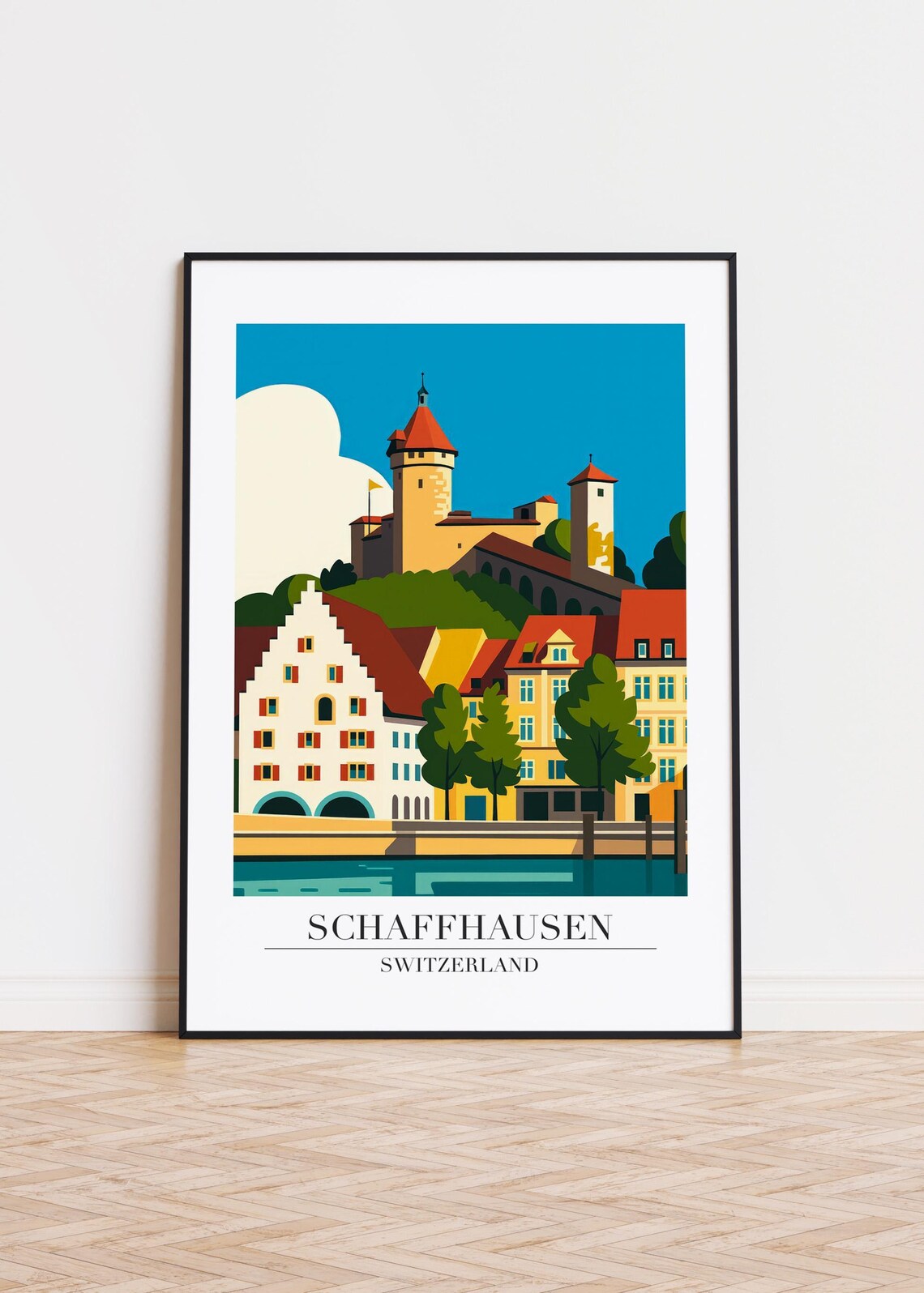 Schaffhausen Switzerland Riverside Castle Fortress Travel Art Poster