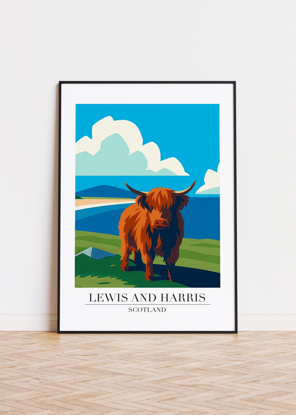 Lewis And Harris Highland Cow Coastal Scene Scotland Travel Poster