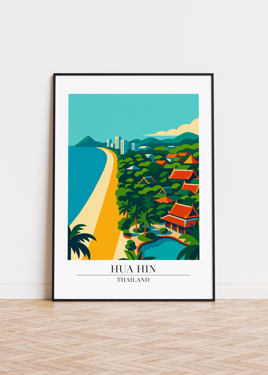 Hua Hin Thailand Curved Beach City Skyline Palm Travel Poster