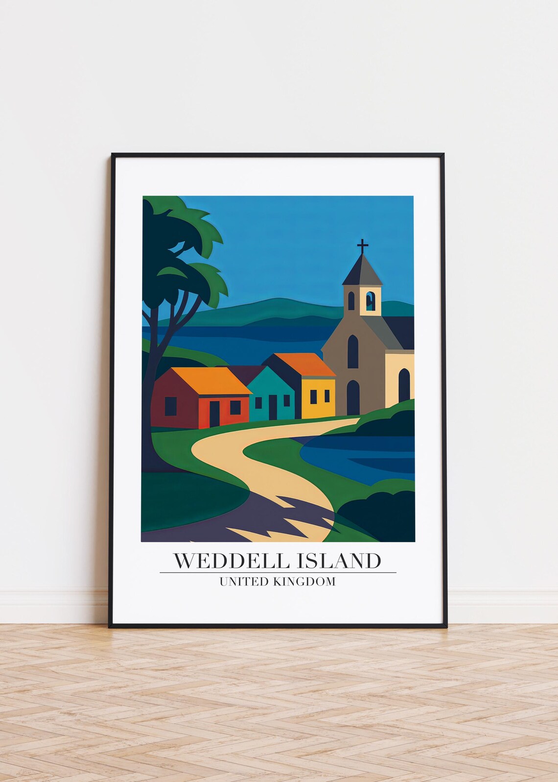 Weddell Island United Kingdom Church Village Winding Road Travel Poster