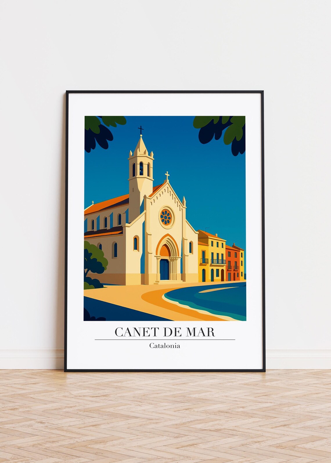 Canet de Mar Catalonia Church by the Sea Travel Illustration Poster