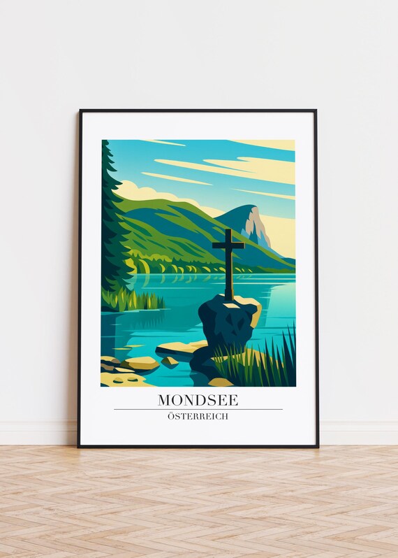 Mondsee Austria Lake Cross Mountain Landscape Modern Art Print