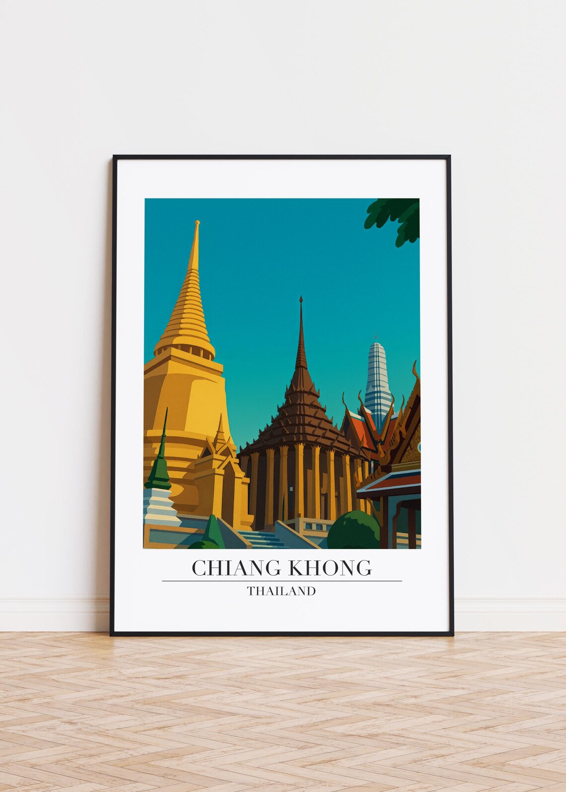 Chiang Khong Thailand Golden Temple Spires Teal Sky Travel Poster