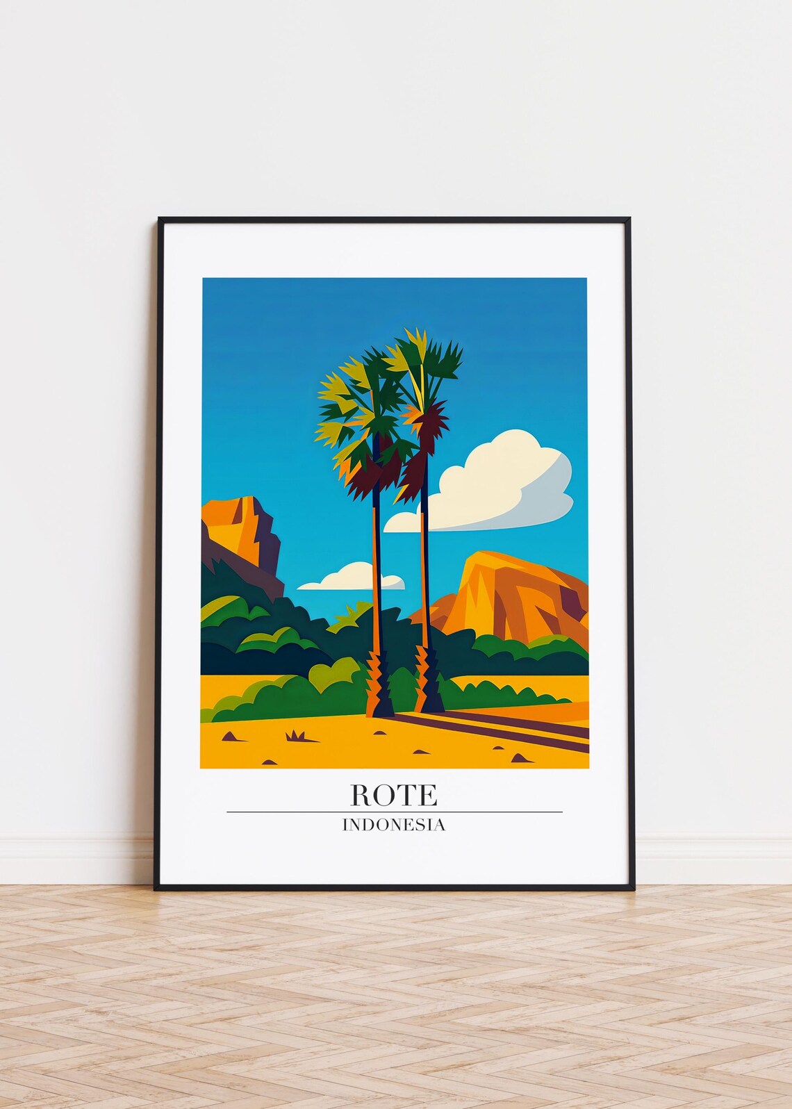 Rote Indonesia Twin Palms On Golden Sands Minimalist Travel Poster