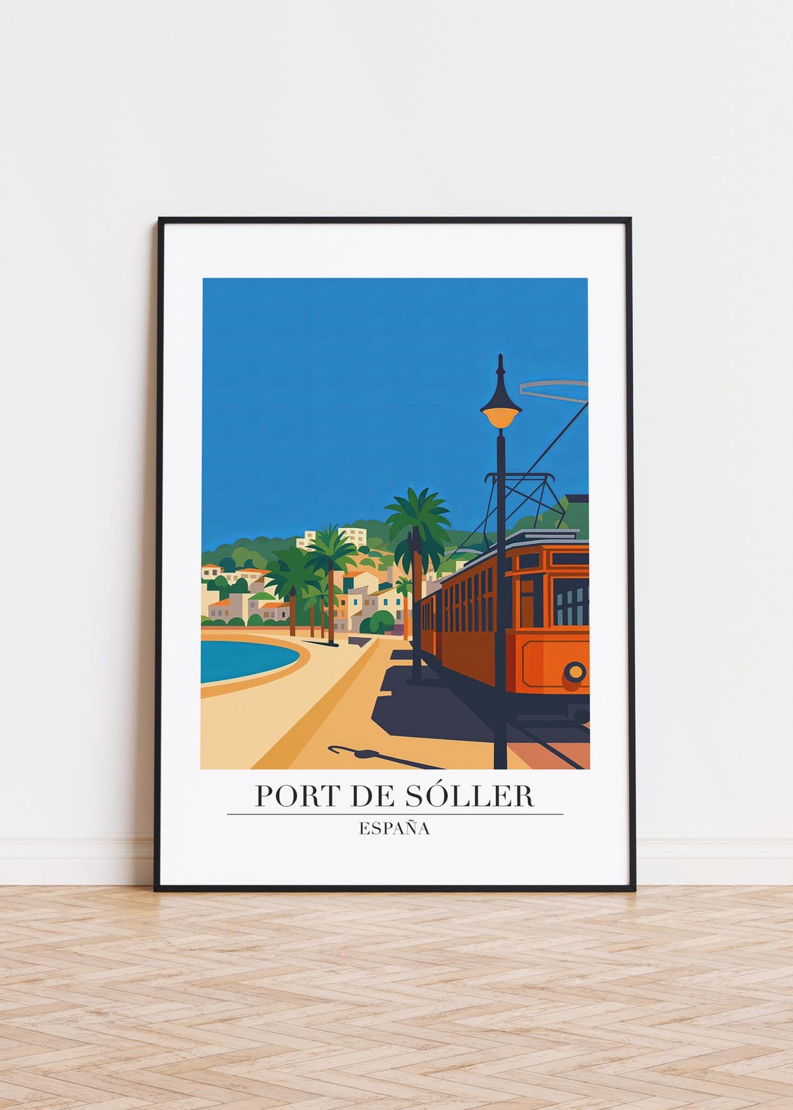 Port de Sóller Spain Orange Tram Harbor Palms Retro Travel Poster