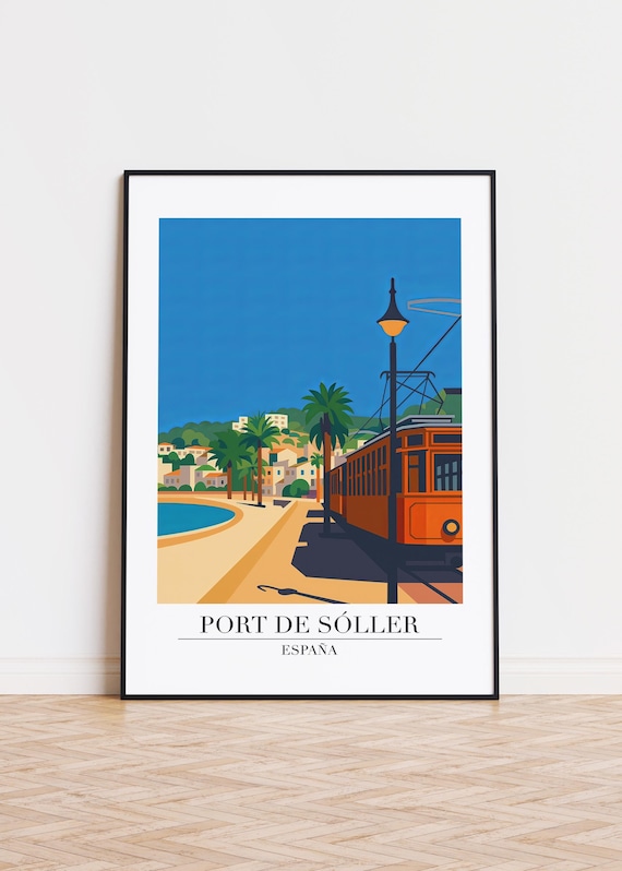 Port de Sóller Spain Orange Tram Harbor Palms Retro Travel Poster