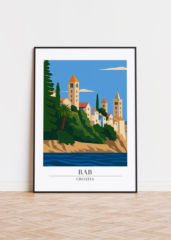 Rab Croatia Hilltop Old Town Sea View Travel Poster Adriatic