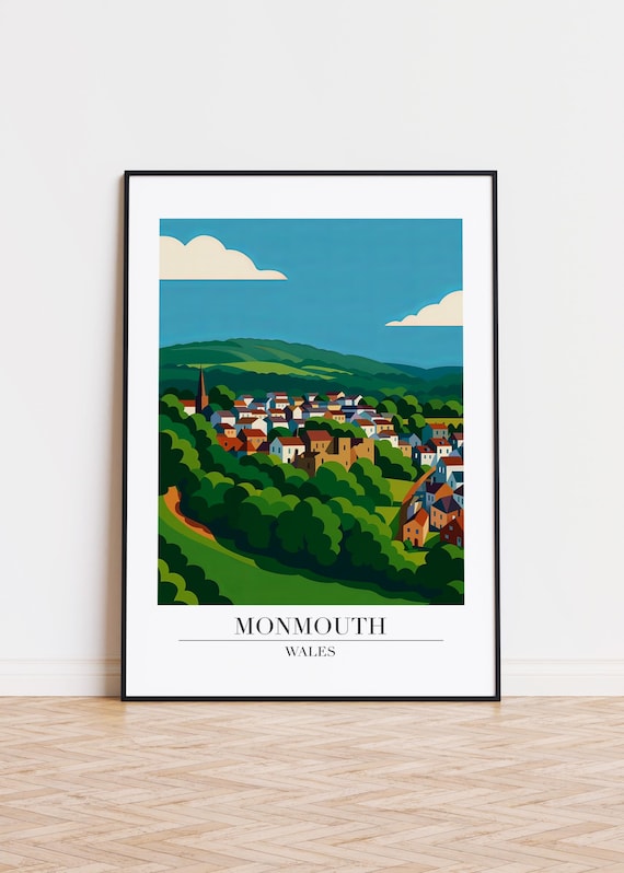 Monmouth Wales Hillside Town Church Spire Modern Travel Poster Artwork