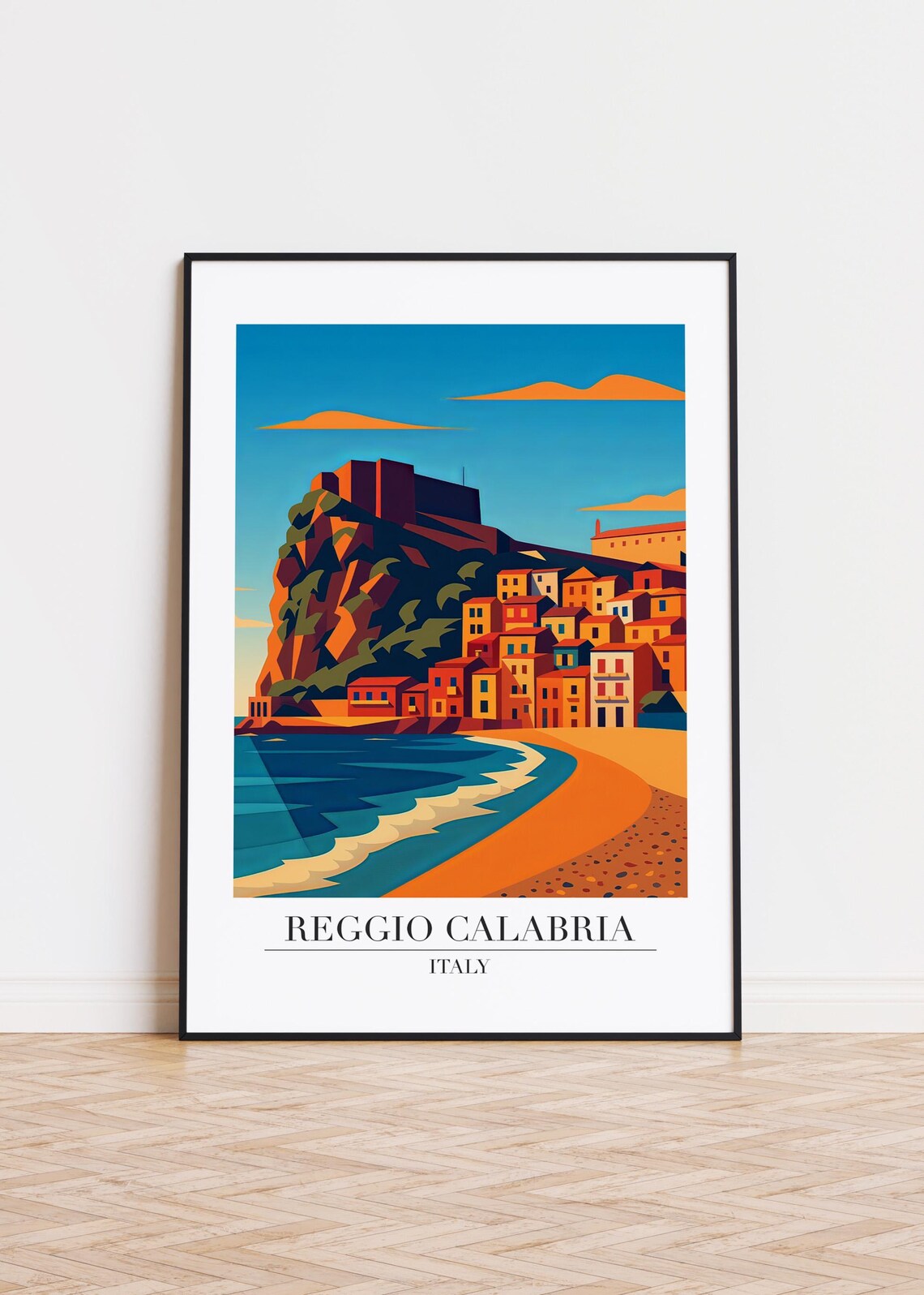 Reggio Calabria Italy Coastal Cliff Castle Beach Travel Poster