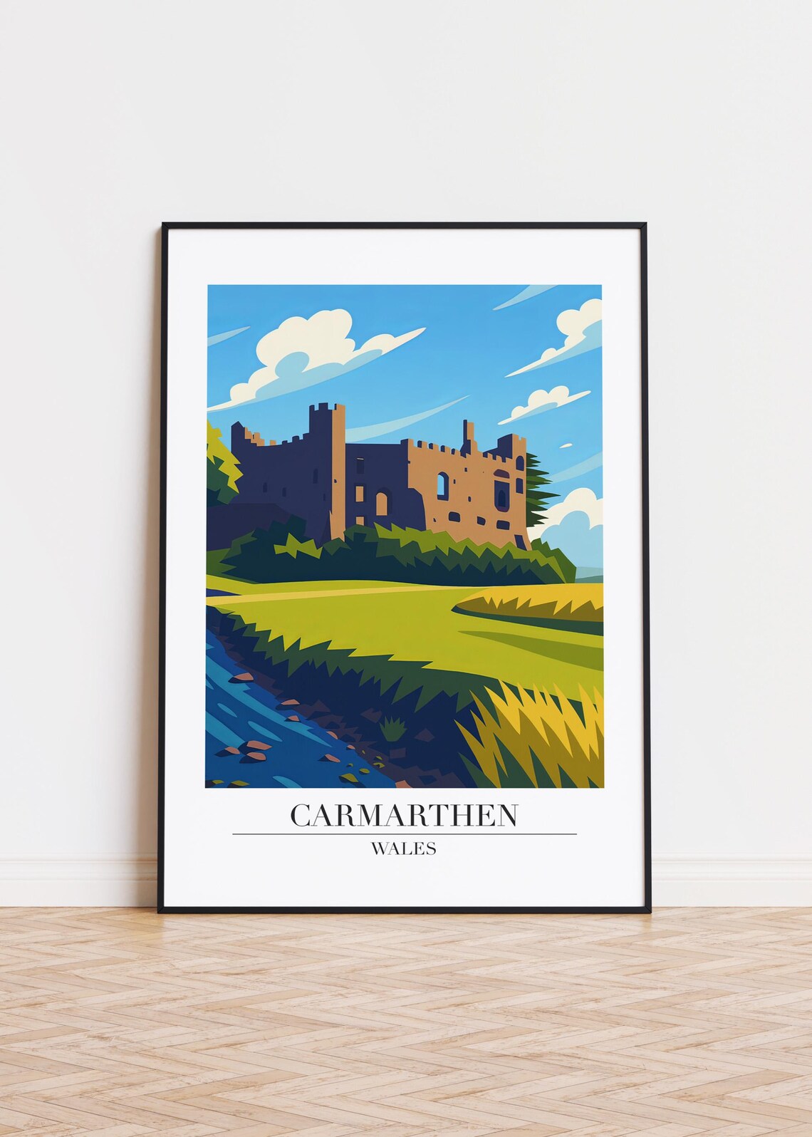 Carmarthen Wales Castle Ruins River Hills Geometric Travel Art Print