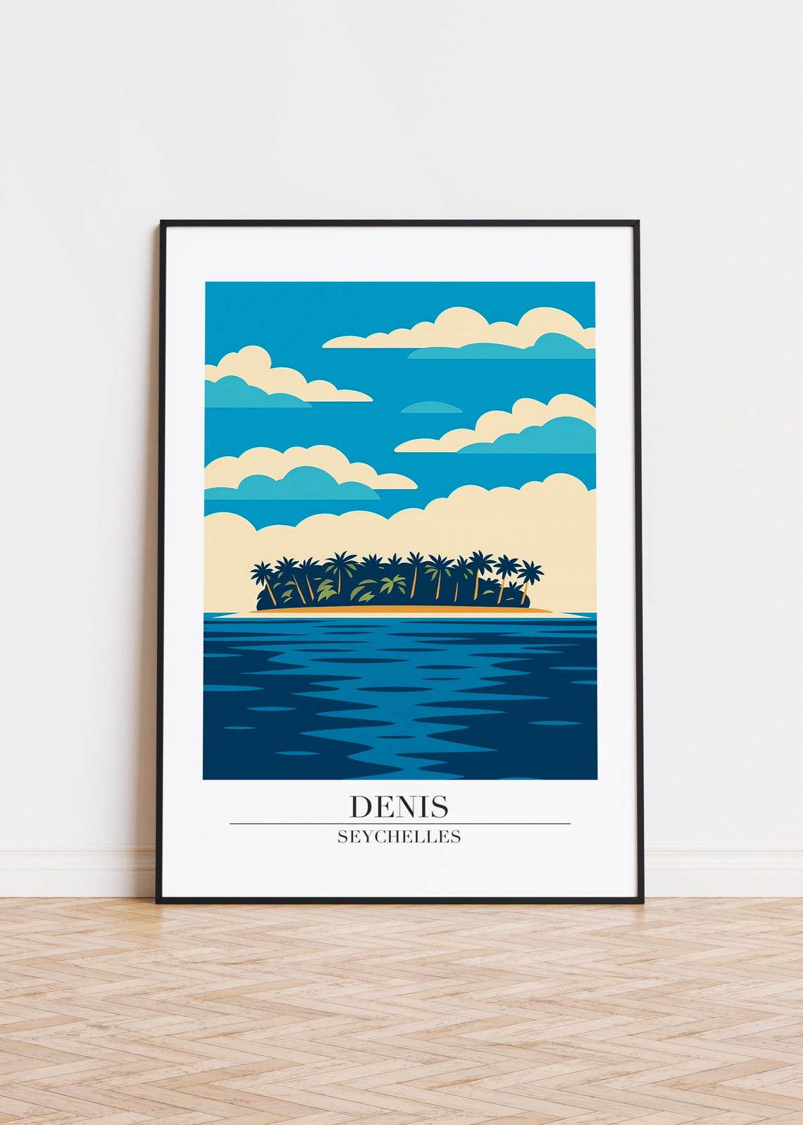 Denis Island Seychelles Palm Trees Ocean Waves Modern Travel Poster