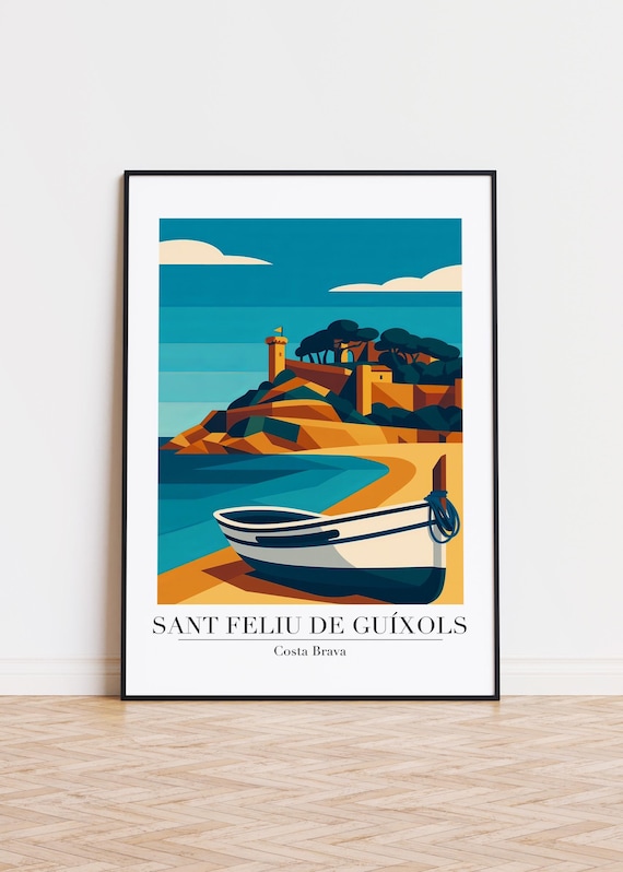 Sant Feliu de Guixols Costa Brava Harbor Boat Vintage Travel Poster