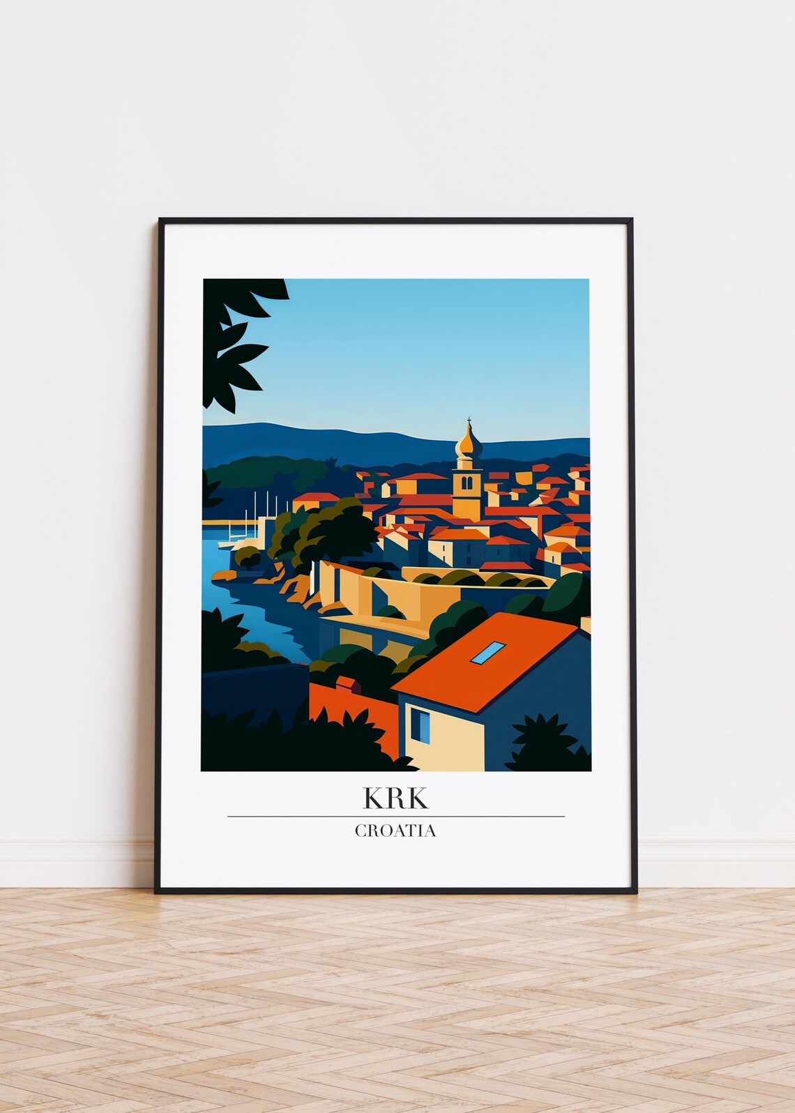 Krk Croatia Old Town Bell Tower Travel Poster Adriatic Island