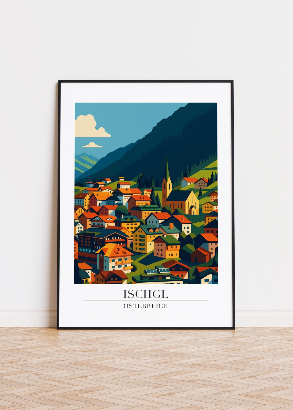 Ischgl Austria Alpine Town Travel Poster Green Valley Church Wall Decor