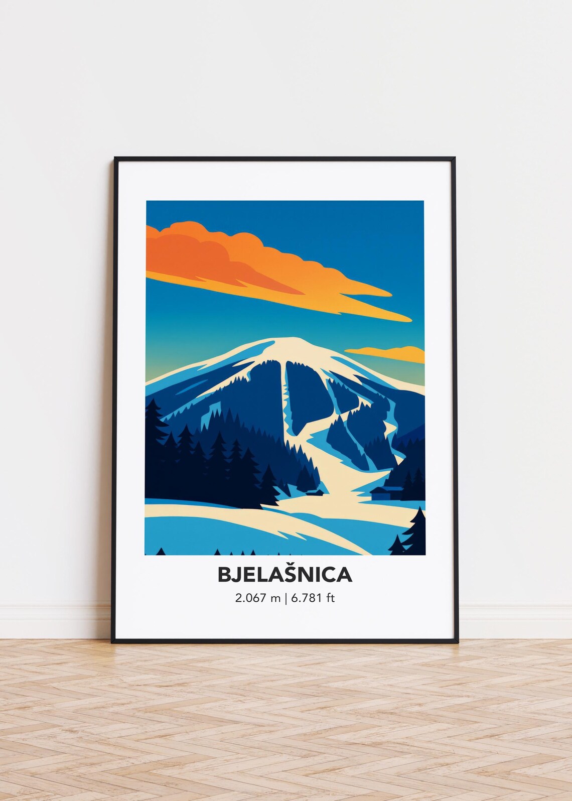 Bjelašnica Illustrated Snowy Ski Mountain Sunset Travel Poster