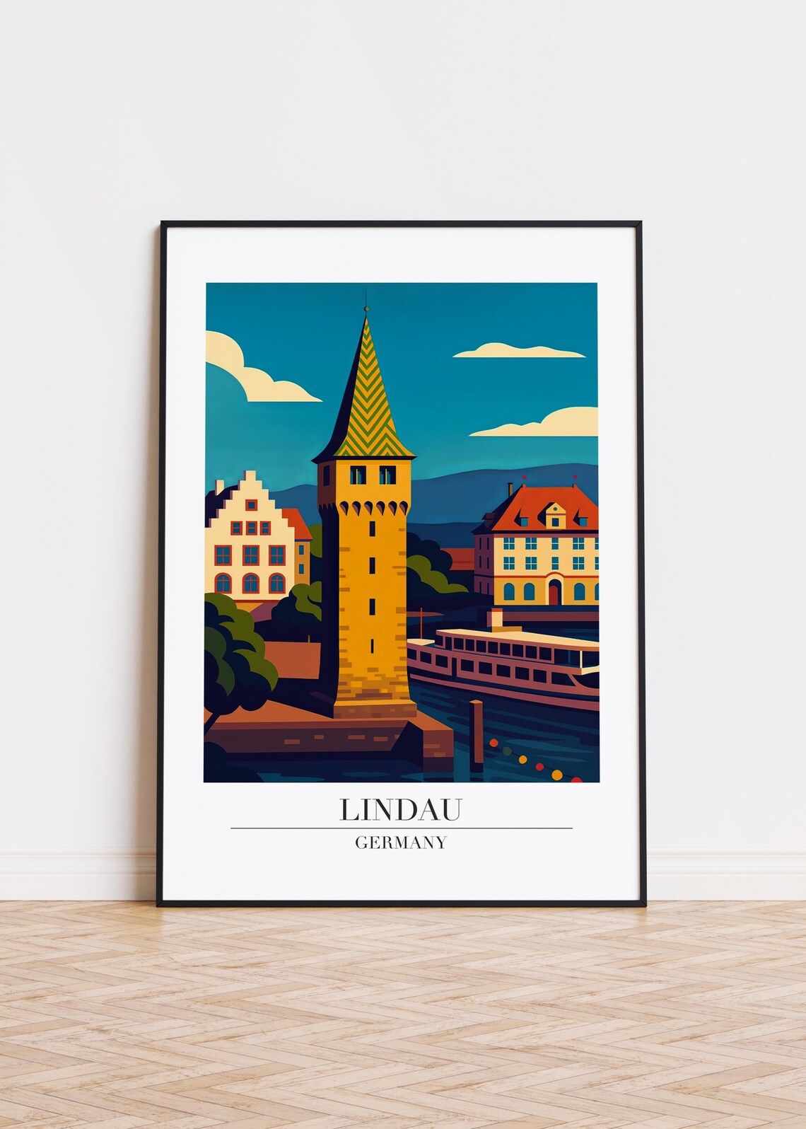 Lindau Germany Mangturm Harbor Tower Retro Lake Travel Art Poster