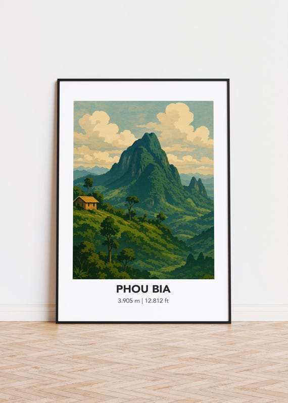 Phou Bia Poster, Mountain Illustration Nature