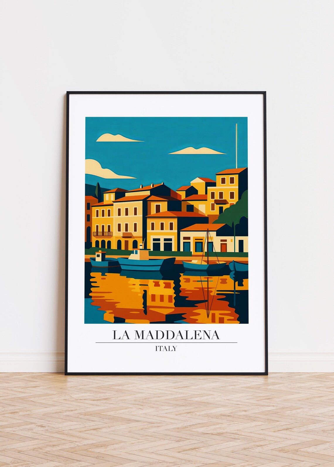 La Maddalena Italy Harbor Boats Golden Reflection Sardinia Travel Poster