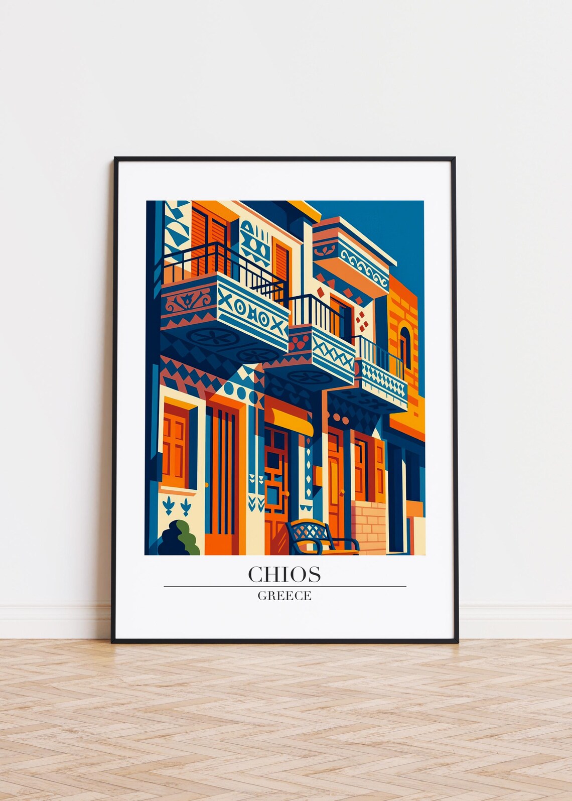 Chios Greece Ornate Old Town Facades Colorful Retro Travel Poster