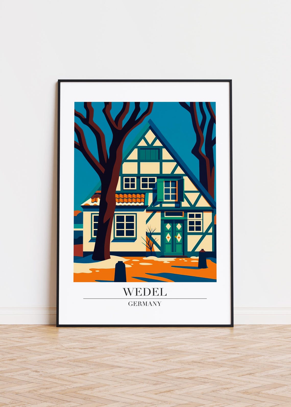 Wedel Germany Half Timbered House Poster Dusk Minimalist Art