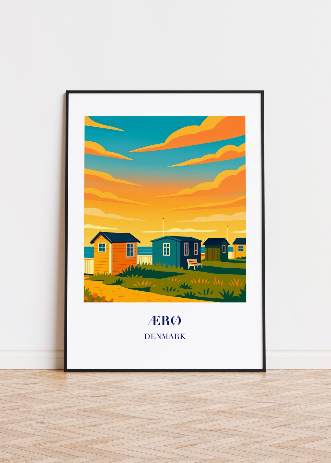 Aero Denmark Beach Huts Sunset Seaside Scandinavian Travel Poster