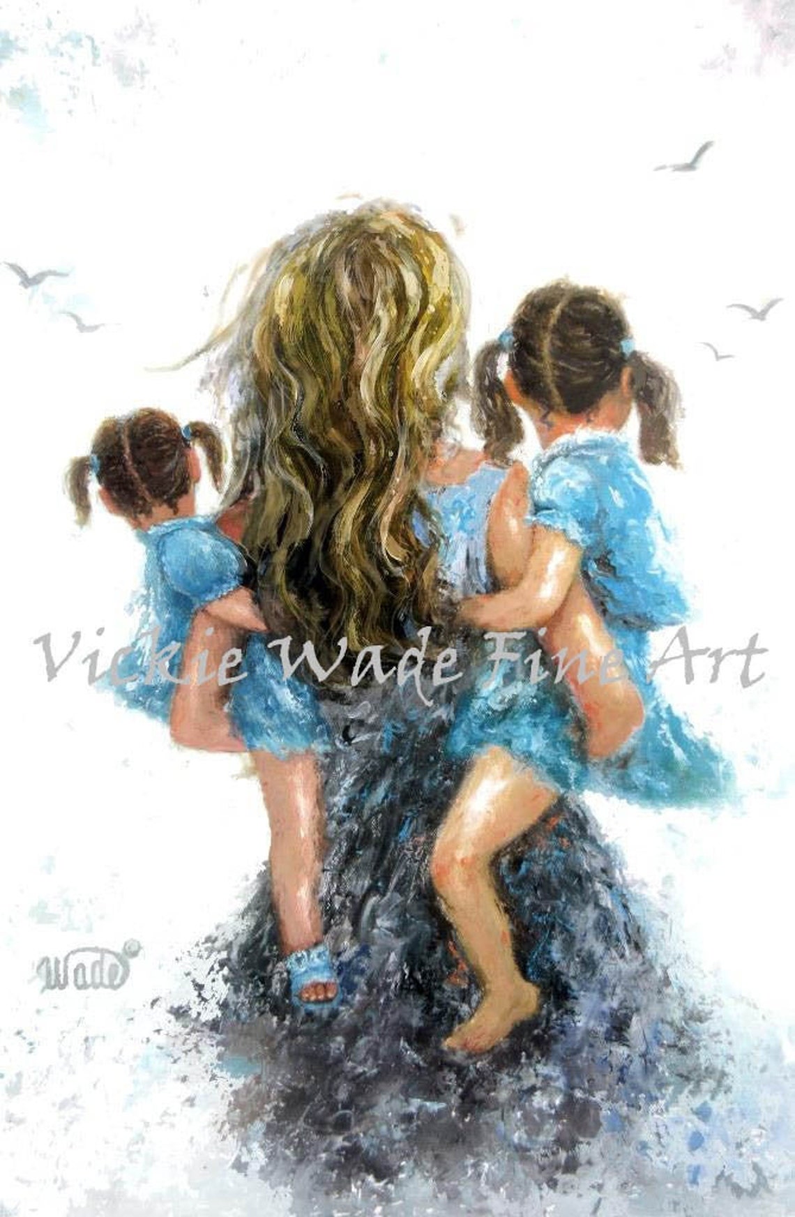 Mother Two Daughters Art Print Mother Paintings Mom Two Girls Carrying Mothers Day Gift Girls Room Mother Daughter Hug Vickie Wade