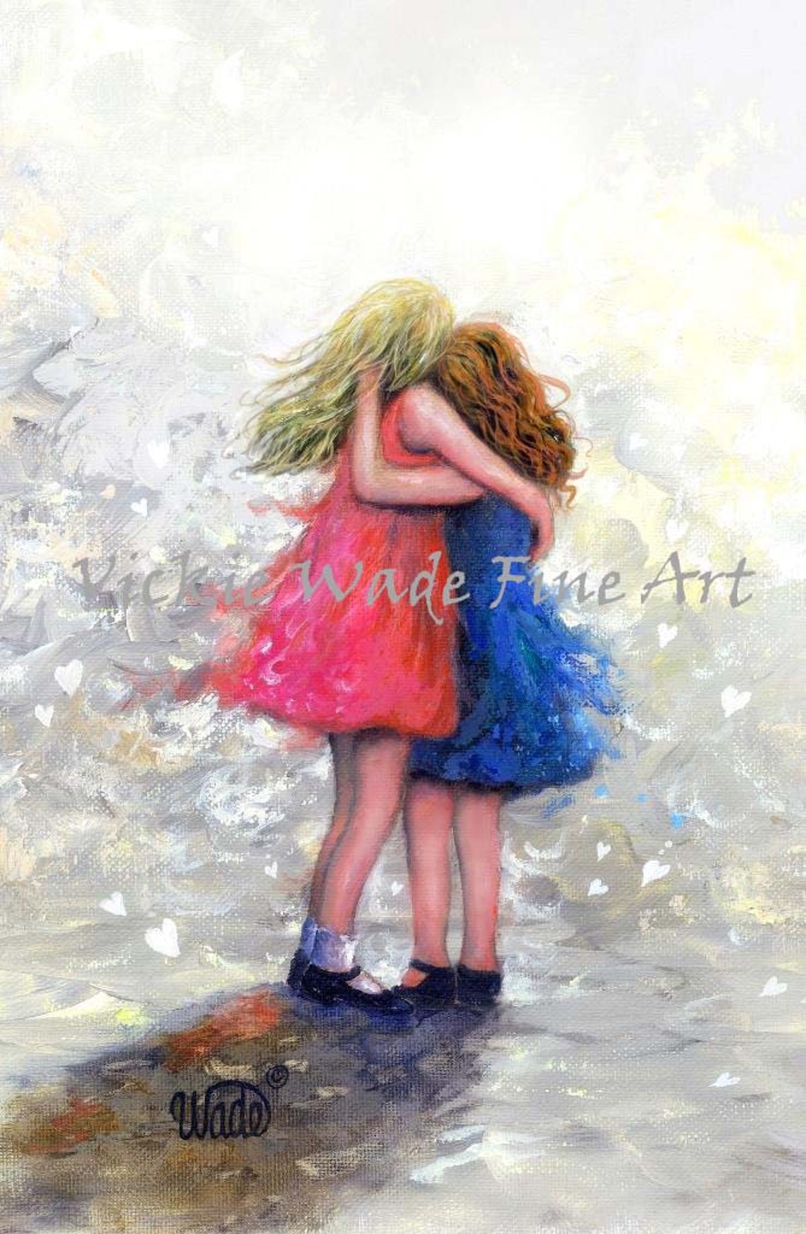 Blonde and Redhead Sisters Hugging Amid Floating Hearts Poster
