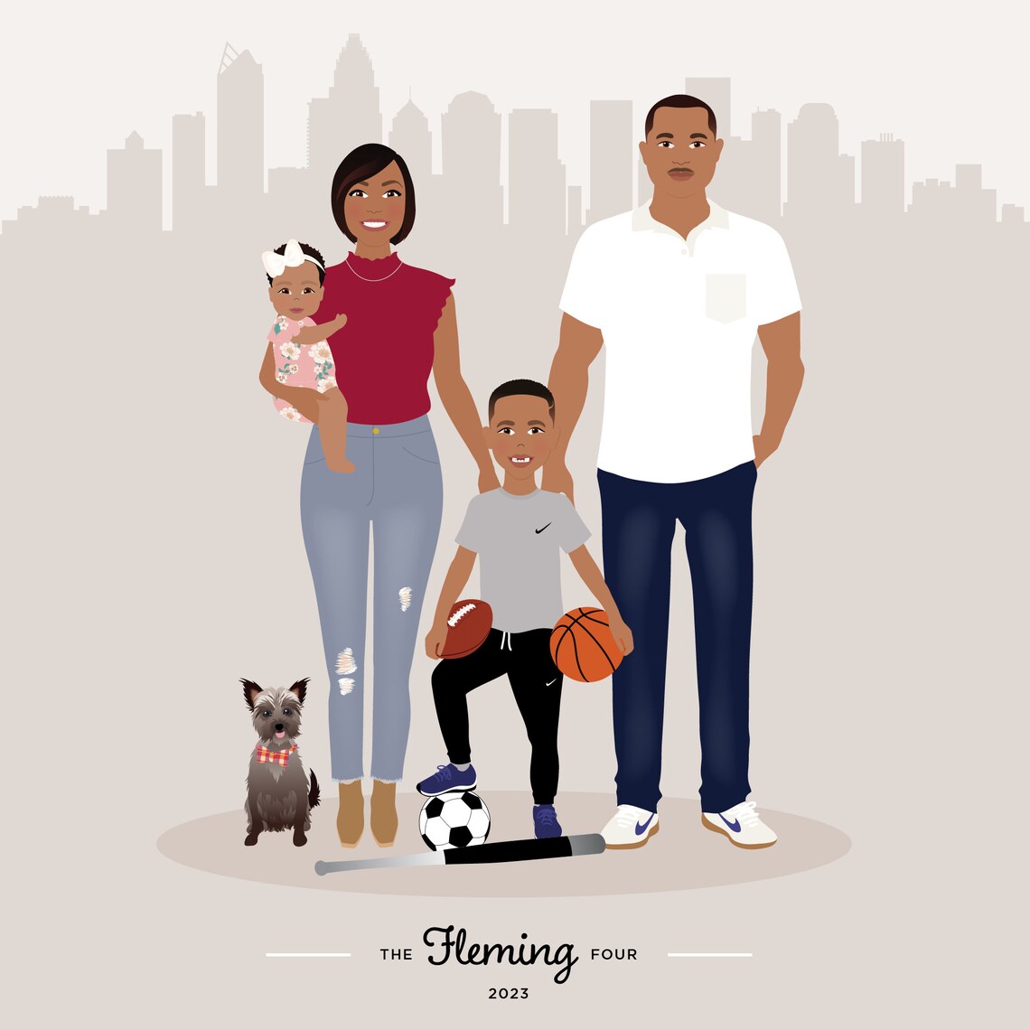 Custom Family of Four with Sports Gear and City Skyline Poster