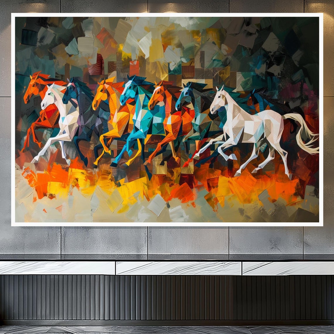 Cubist Geometric Running Horses Herd Abstract Modern Art Poster