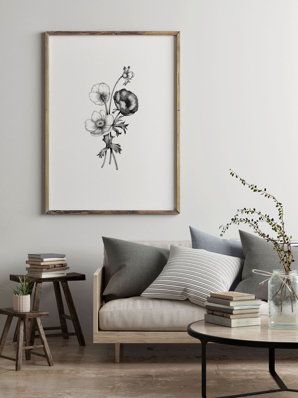 Black and White Anemone Ink Flower Vintage Botanical Drawing Poster
