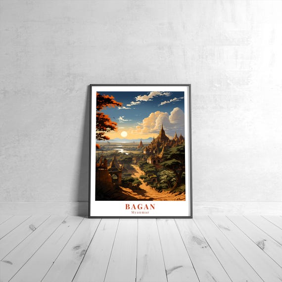 Bagan Vintage Travel Poster Retro Myanmar Art Print Colorful Home Decor Wall Unique Gift