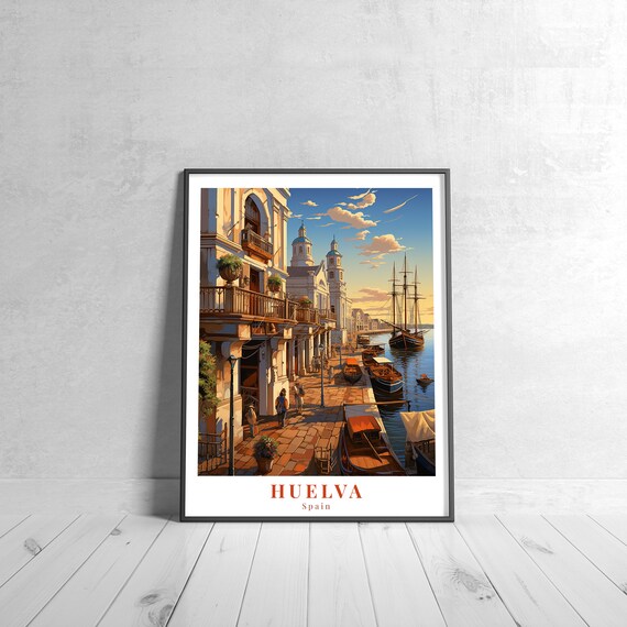 Huelva Spain Vintage Travel Poster Historic Harbor Sunset Scene
