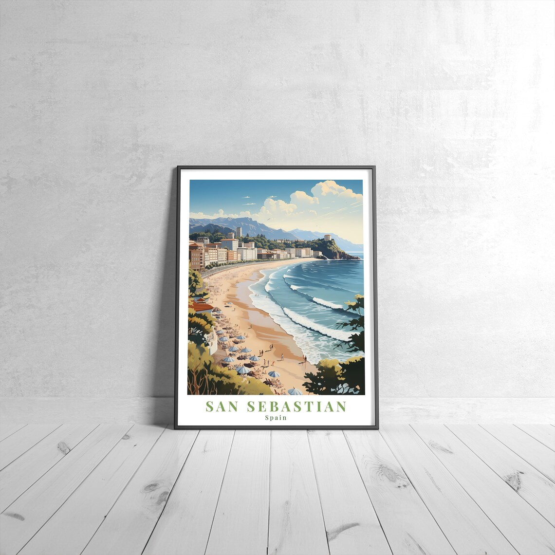 San Sebastian Spain Sunny Coastal Beach Bay Vintage Travel Poster