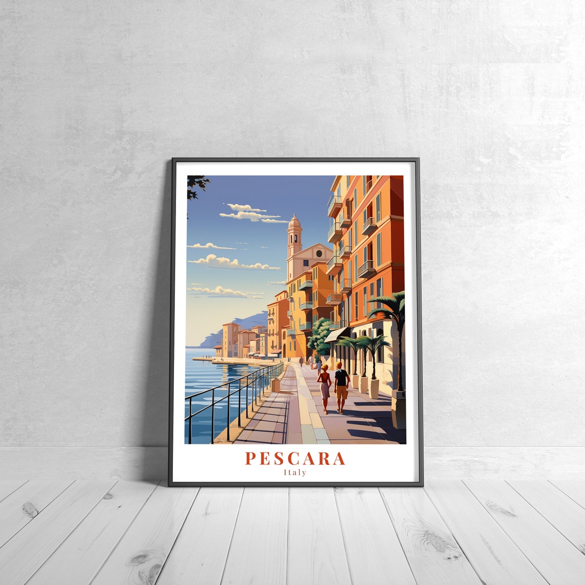 Pescara Italy Vintage Seaside Travel Poster Promenade and Beach View
