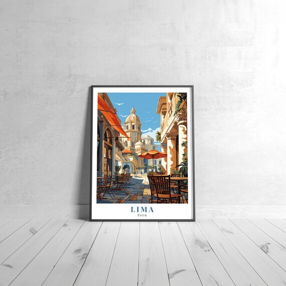 Lima Peru Historic Cathedral Street Cafe Vintage Travel Poster