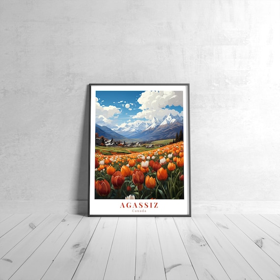 Agassiz Canada Travel Poster Tulip Field Snowy Mountain Village Floral Art