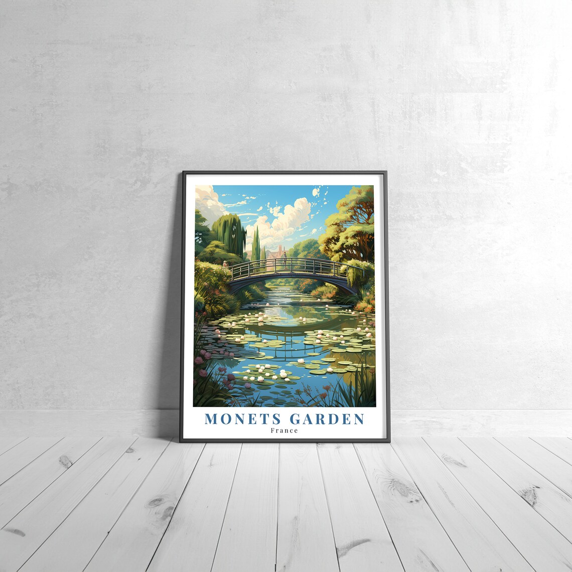 Monets Garden France Vintage Travel Poster with Bridge and Water Lilies