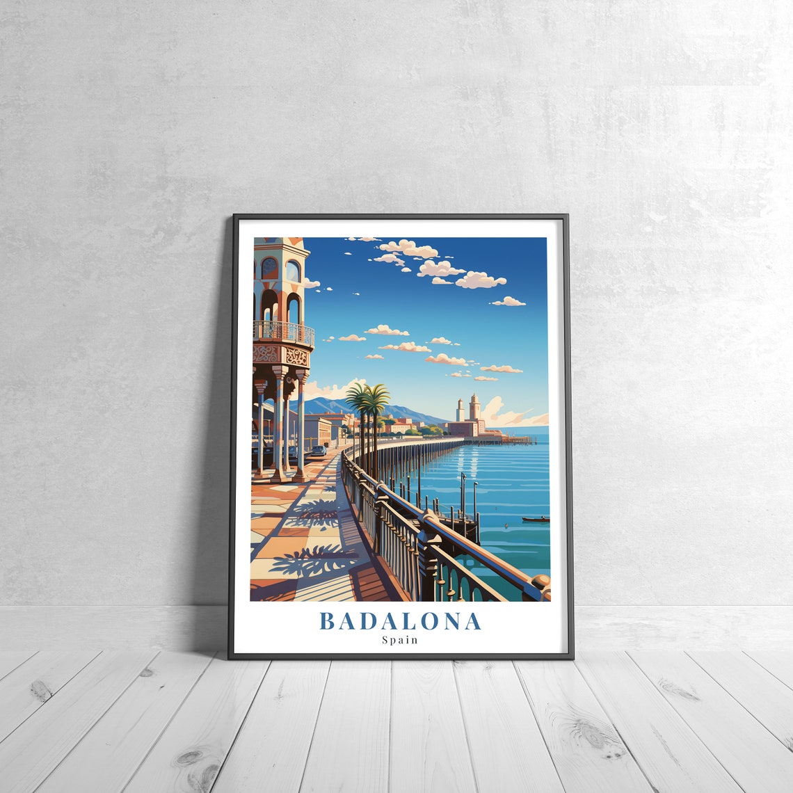 Badalona Spain Seaside Promenade Pier Palms Vintage Travel Poster