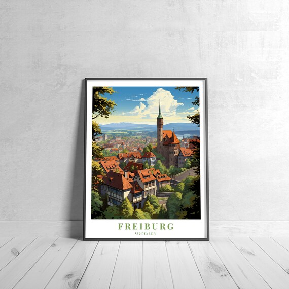 Freiburg Germany Vintage City Travel Poster with Church Spire