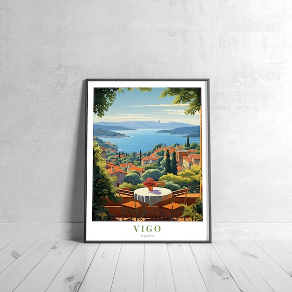 Vigo Spain Bay View Terrace Cafe Coastal Vintage Travel Poster