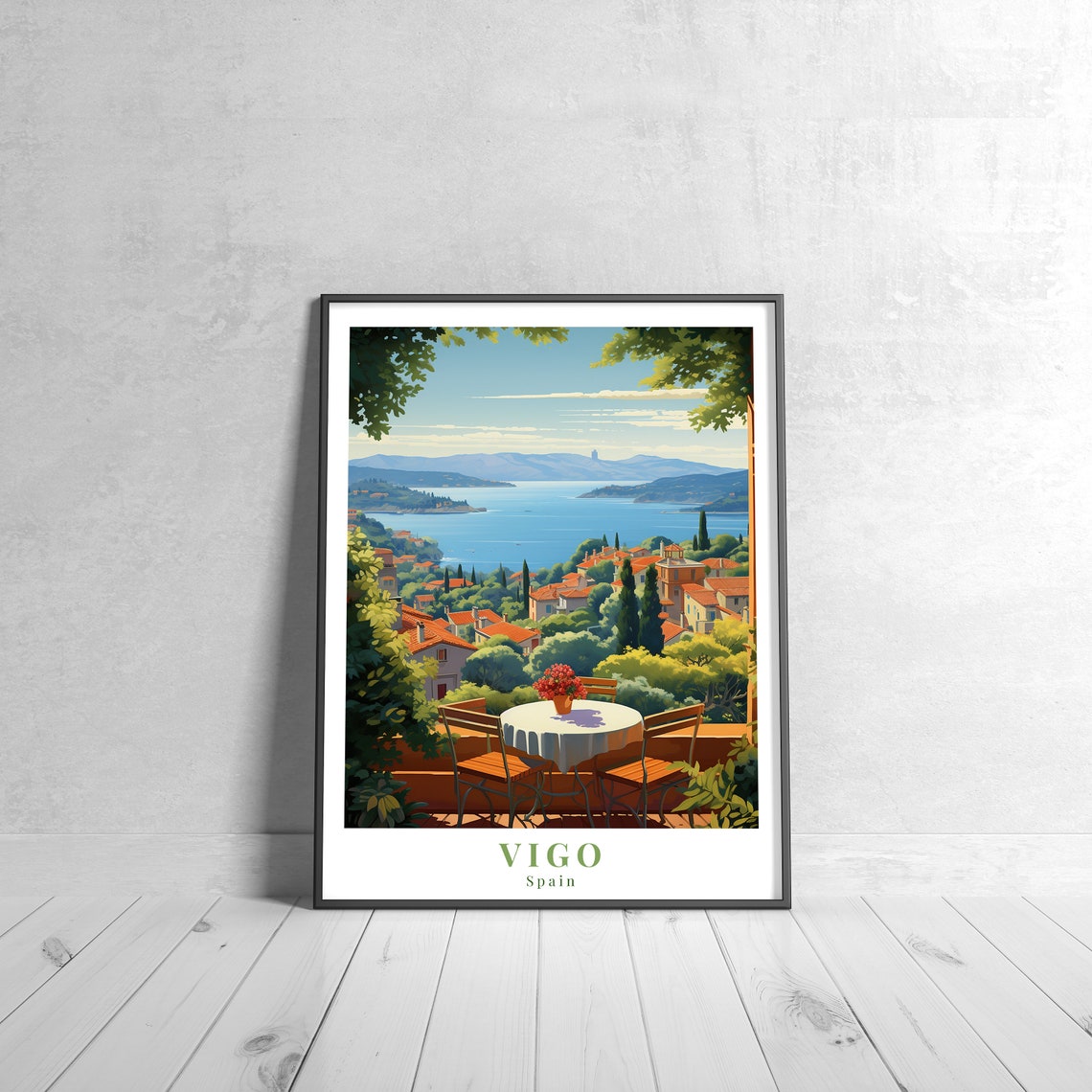 Vigo Spain Bay View Terrace Cafe Coastal Vintage Travel Poster