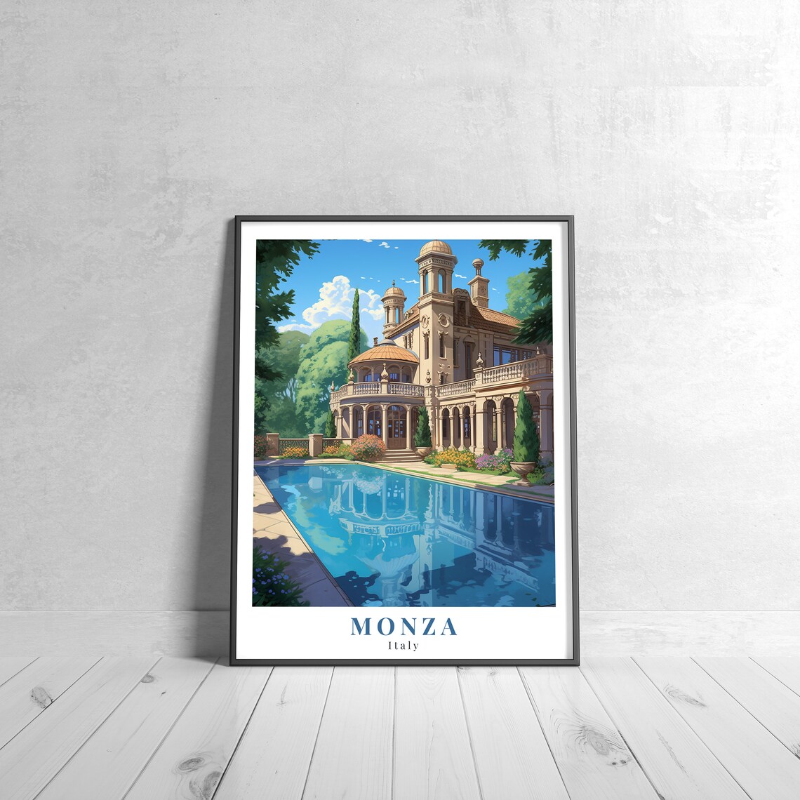 Monza Italy Elegant Villa Reflecting Pool Vintage Italian Poster