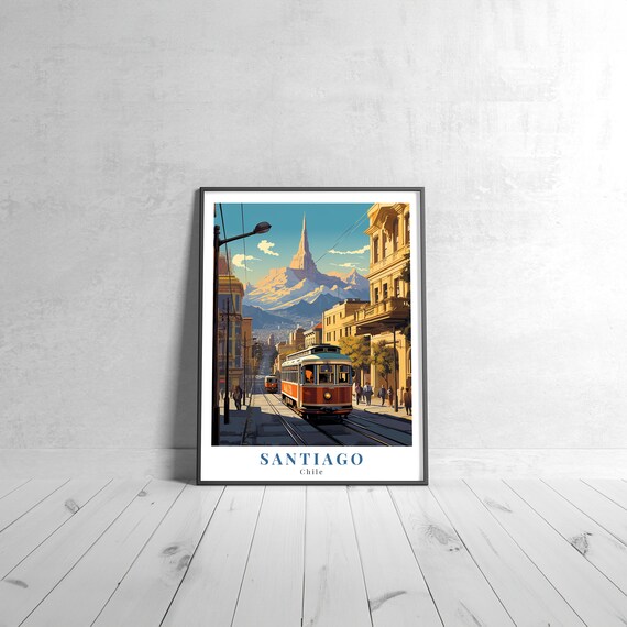 Santiago Chile Vintage Travel Poster with Tram and Cathedral Spire