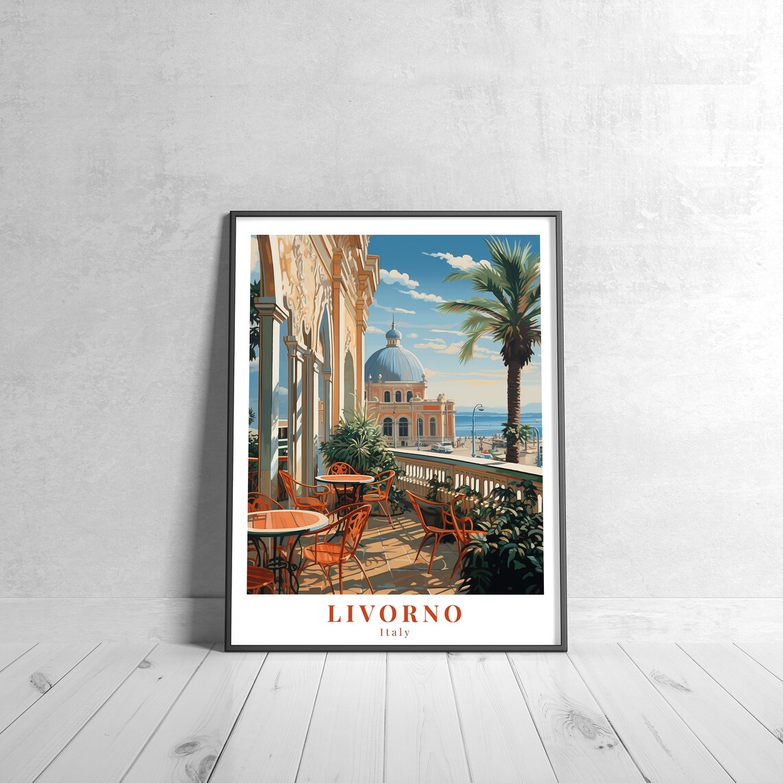 Livorno Italy Vintage Travel Poster Coastal Cafe Terrace Scene
