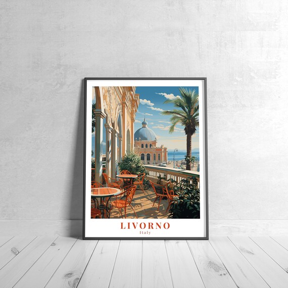 Livorno Italy Vintage Travel Poster Coastal Cafe Terrace Scene