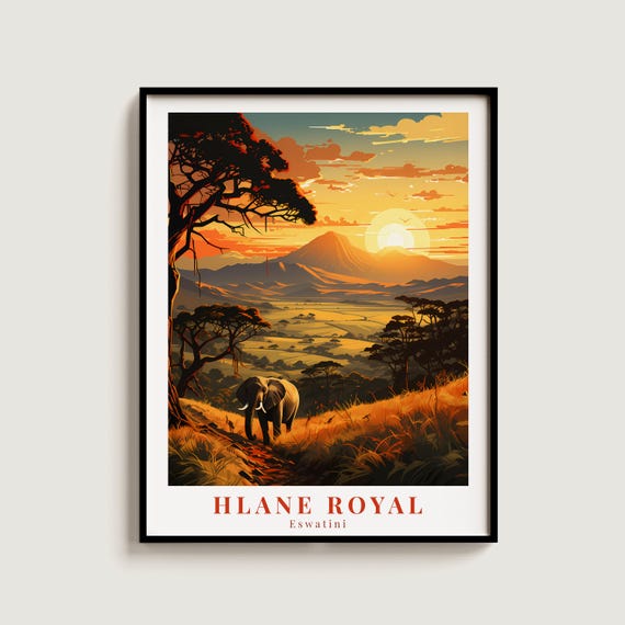 Hlane Royal National Park Vintage Travel Poster Retro Eswatini Art Print Colorful Home Decor Wall Unique Gift