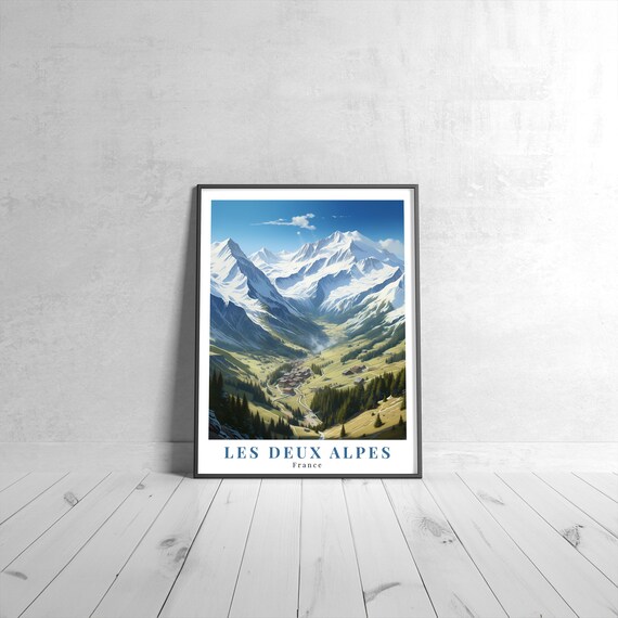 Les Deux Alpes France Snowy Alpine Ski Resort Vintage Travel Poster