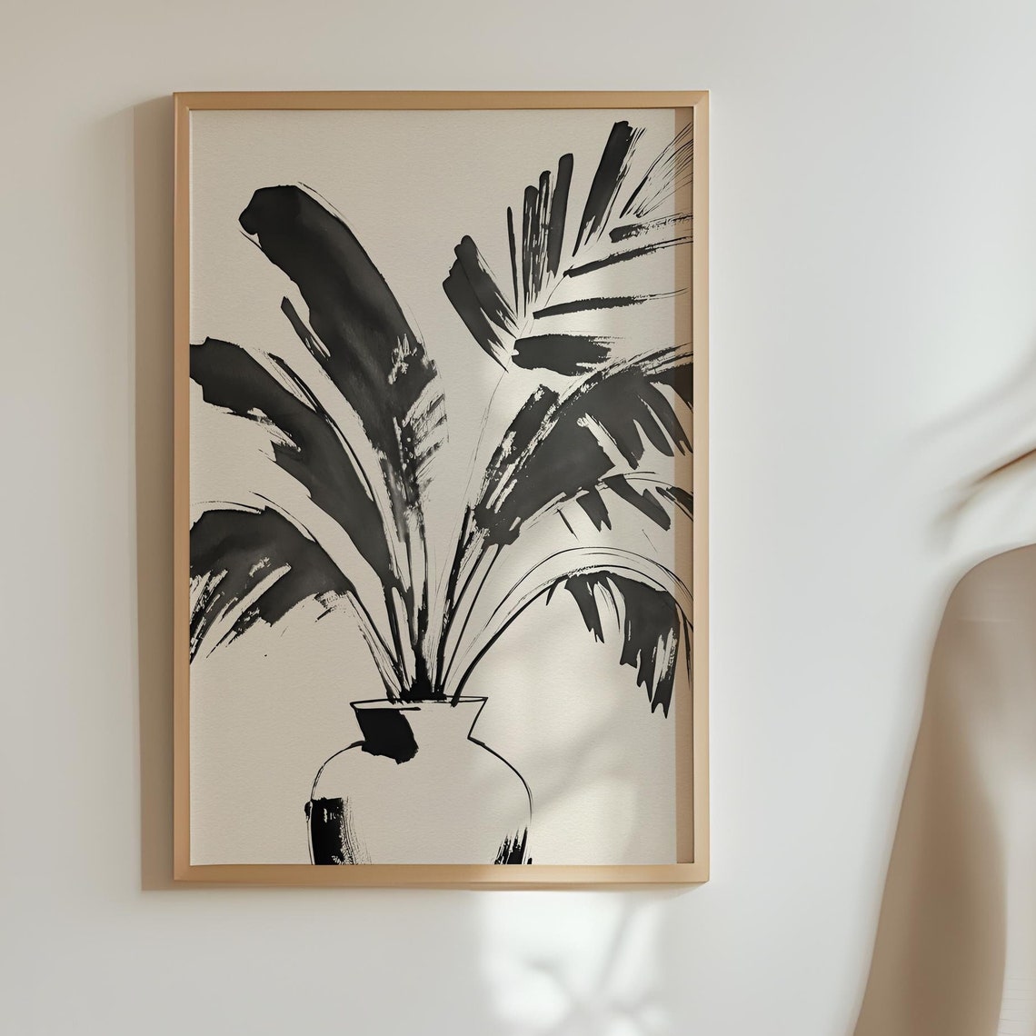 Abstract Black Ink Palm Leaves Vase Minimalist Botanical Wall Art