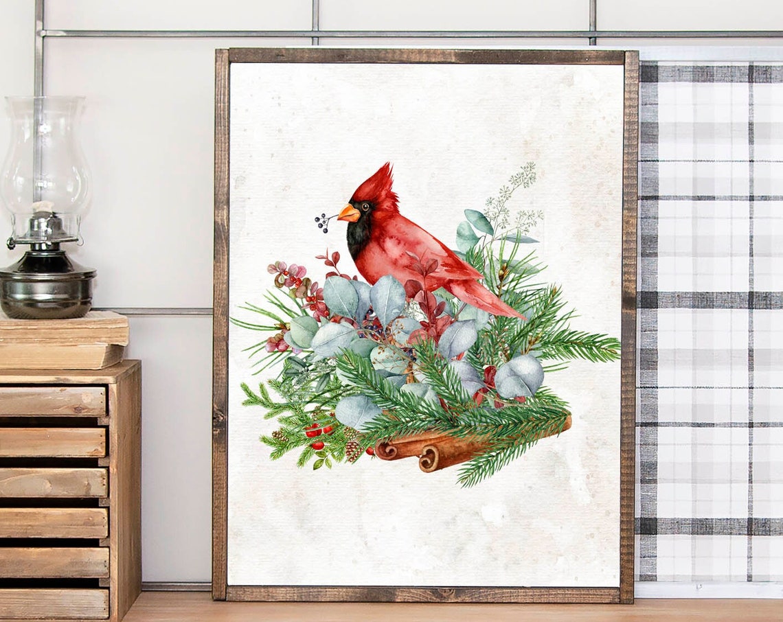 Red Cardinal Winter Greenery Bouquet Watercolor Christmas Wall Art
