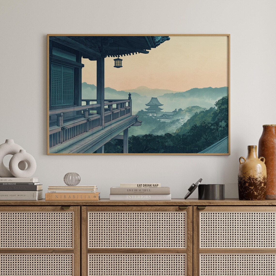Temple Veranda Lantern View Pagoda Mist Sunset Japanese Art Poster